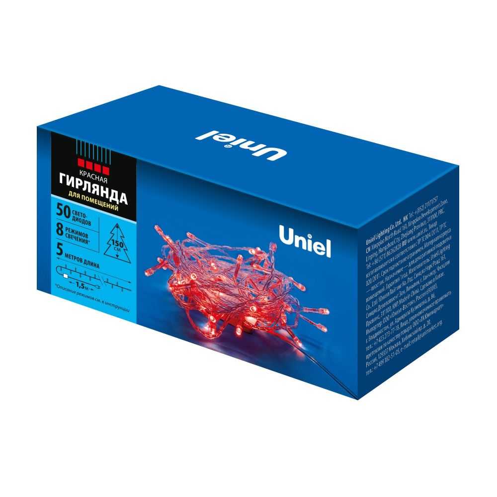 ULD-S0500-050-DTA RED IP20 Гирлянда светодиодная. 5м. 50 светодиодов. Красный свет. Провод прозрачный. ТМ Uniel