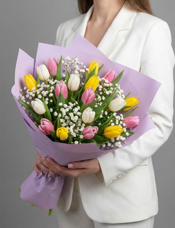 Букет из тюльпанов микс и гипсофилы