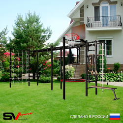 Уличная шведская стенка Sv Sport рукоход х 2 с комплектом турник прямой 2шт У52866.2К (Турник/Брусья/Стойка/Скамья/Гнездо 115см/Щит баскет/Канат/кольца/лестница/Сетка)