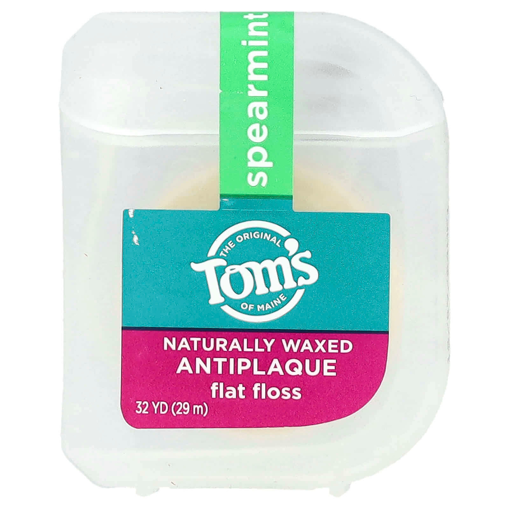 Tom's of Maine, Натуральная восковая плоская нить против зубного налета, мята, 29,2 м (32 ярда)