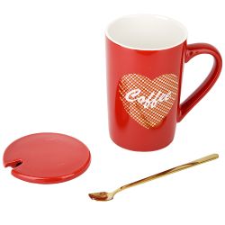 Кружка фарфоровая с крышкой и ложкой "Coffee" (красная) v= 410мл. (подарочная упаковка)