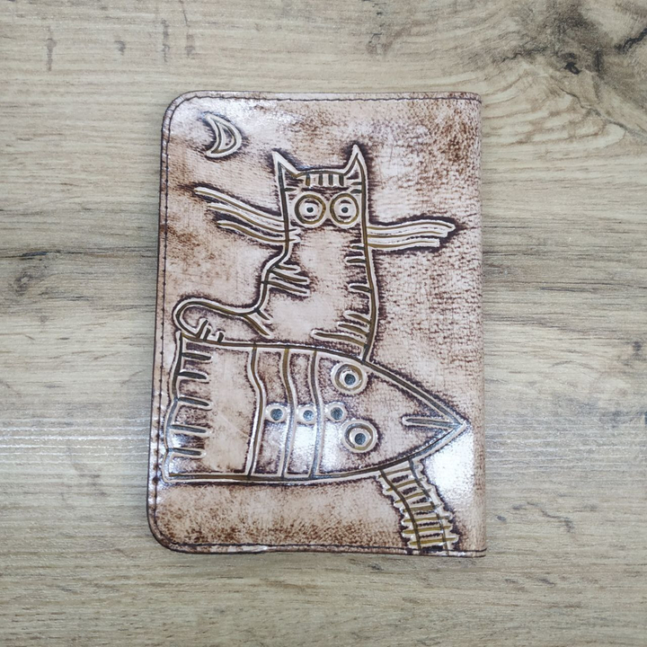 Обложка для паспорта Кот на ракете, цвет коричневый, кожа, ручной принт 10x14x1 см