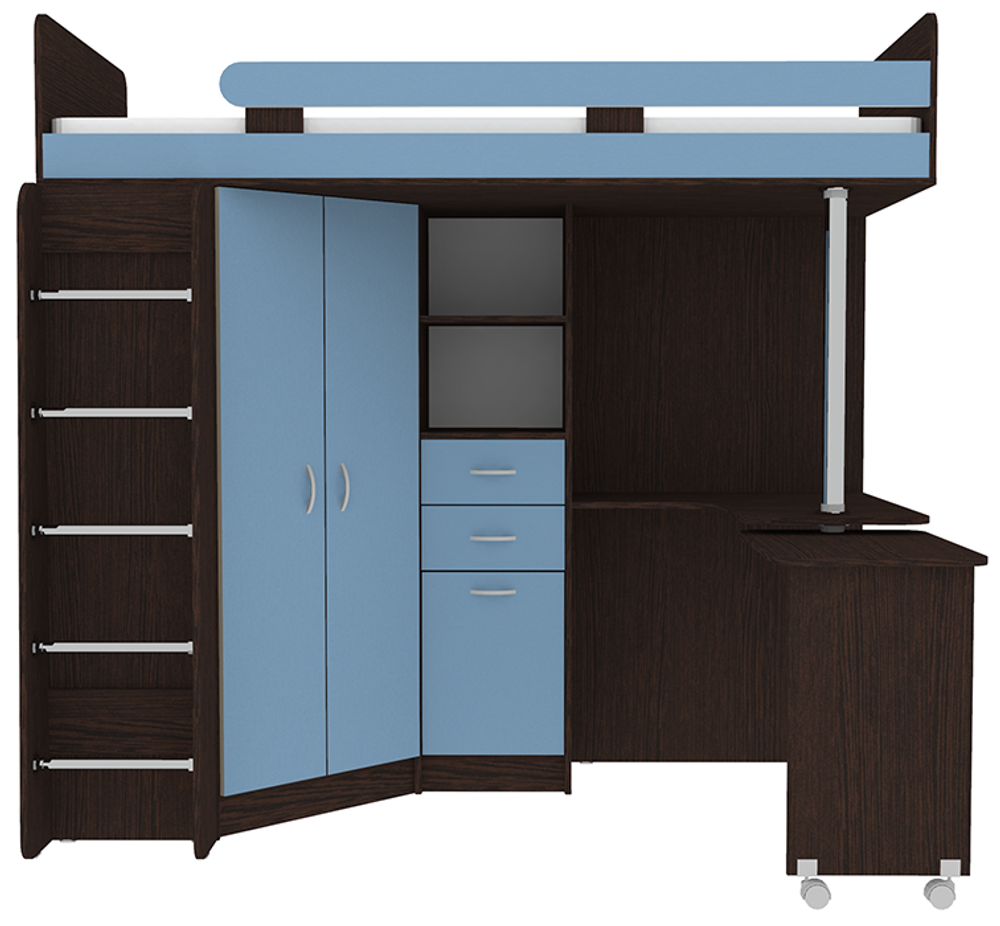 Кровать-чердак КарИВи Юниор 3 с металлической лестницей Венге Светло-синий, голубой