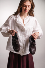 Блузка с рюшами и воротником-стоечкой из смесового льна, Айвори