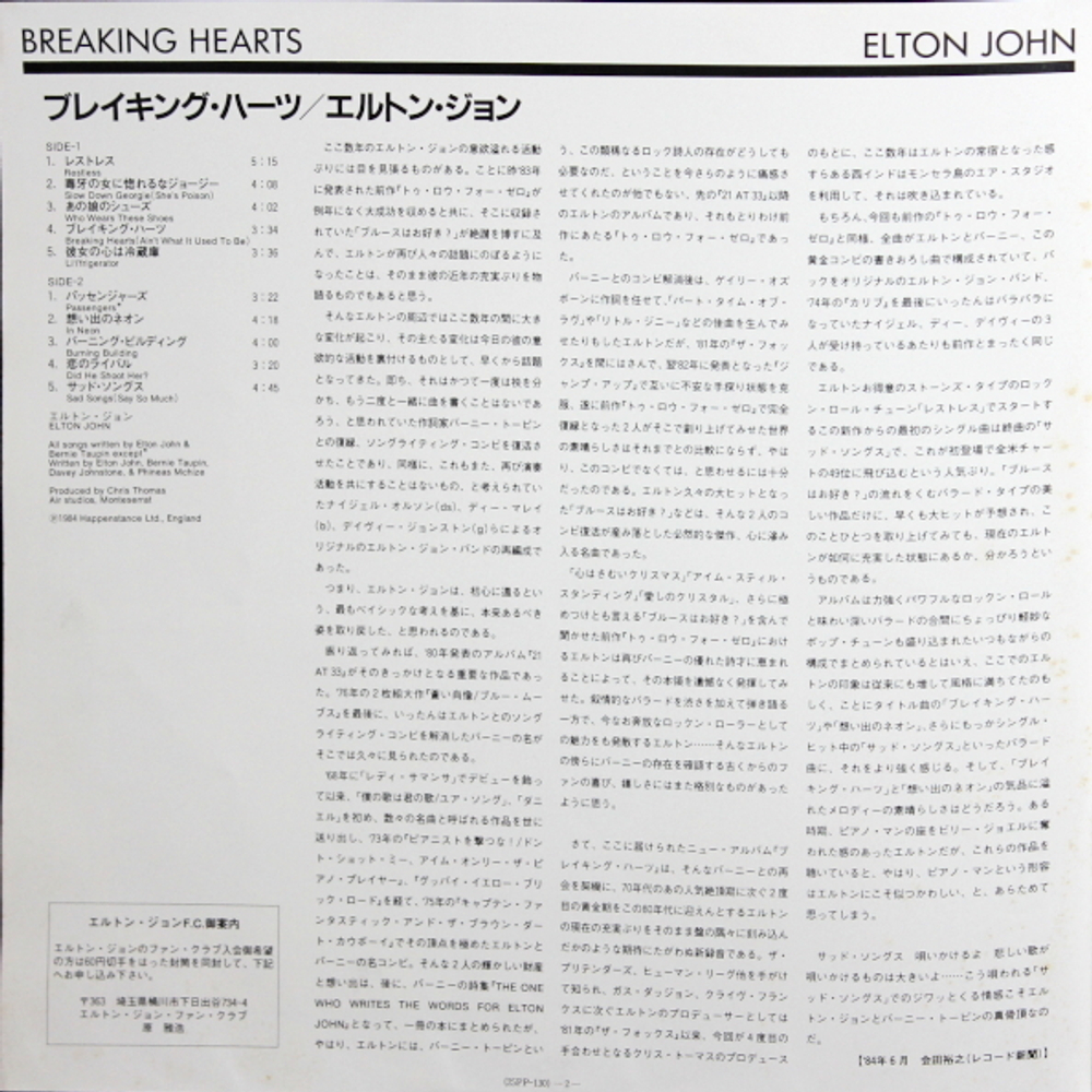 Elton John / Breaking Hearts (LP)