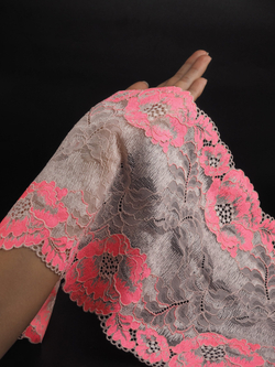 Эластичное кружево цветочно-розовое с кораллово-розовым ширина 23 см