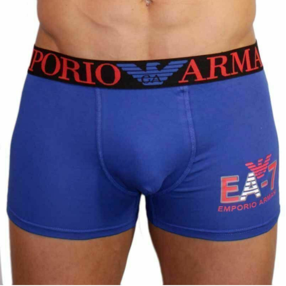 Мужские трусы боксеры синие Emporio Armani с красно-синей резинкой