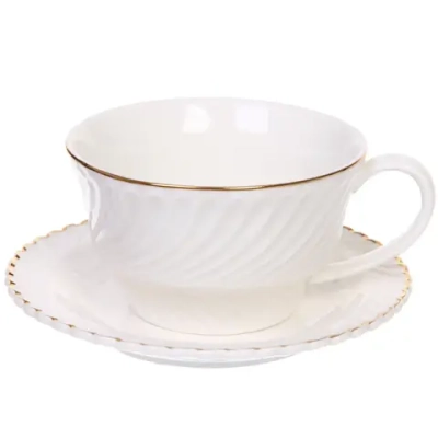Чайная пара «Верона» (кружка 230мл, блюдце) белая с золотой каймой