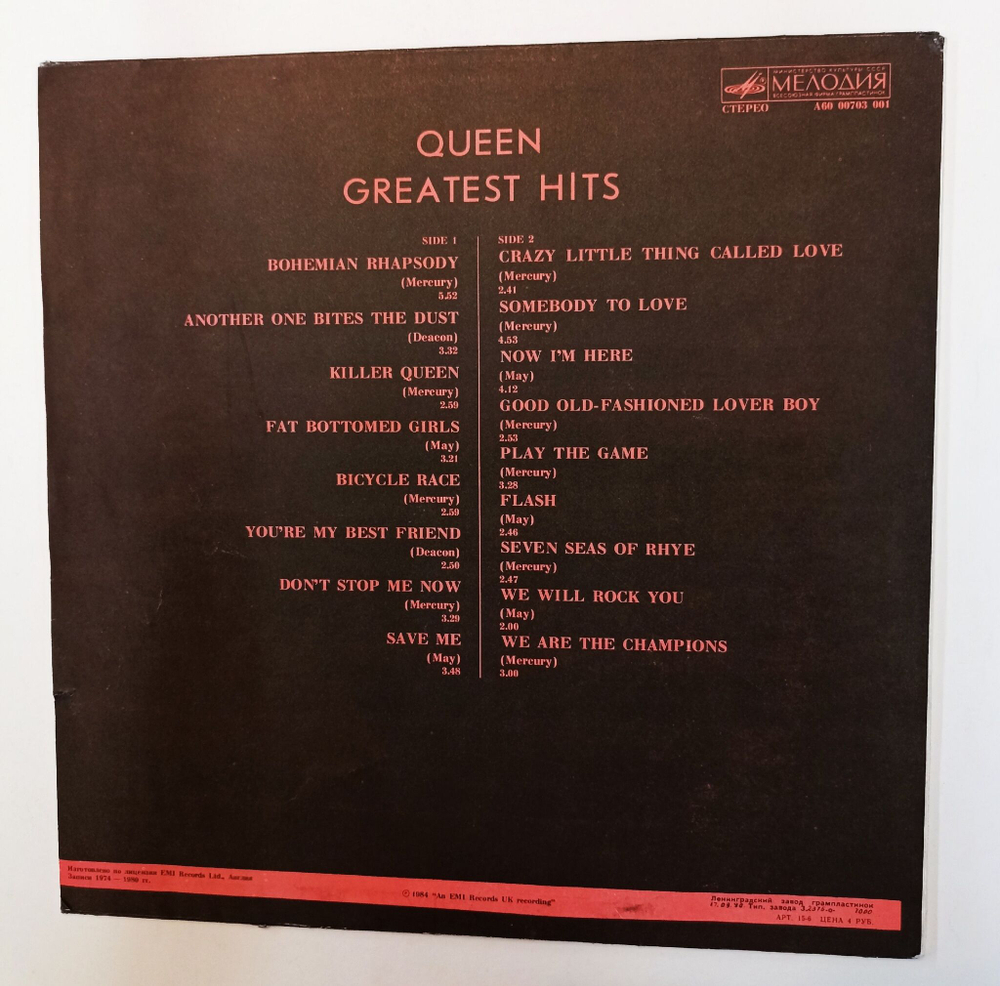 Винтажная виниловая пластинка LP Queen Greatest Hits (СССР 1990)