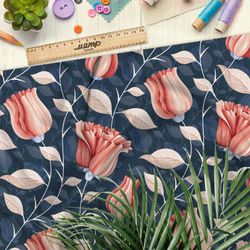 Ткань барби пастельные бутоны роз на синем фоне