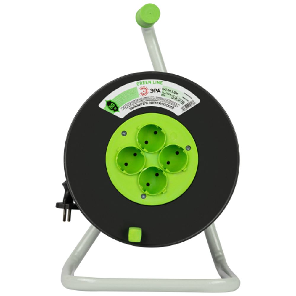 Удлинитель силовой ЭРА GREEN LINE KAT-2x1.5-50m Greenline на катушке пластик 4 розетки без заземления 50м ПВС 2x1.5мм2 | Силовые удлинители