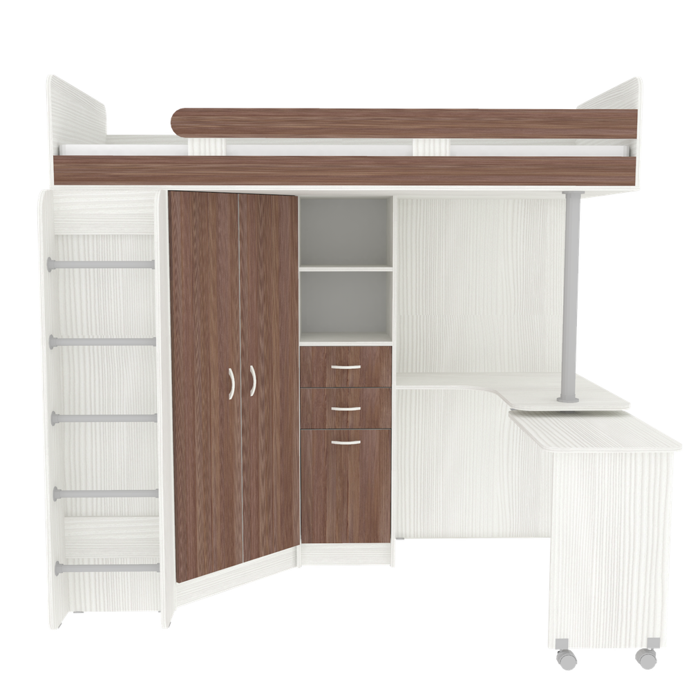 Кровать-чердак КарИВи Юниор 3 с металлической лестницей Белое Дерево Бодего Темный