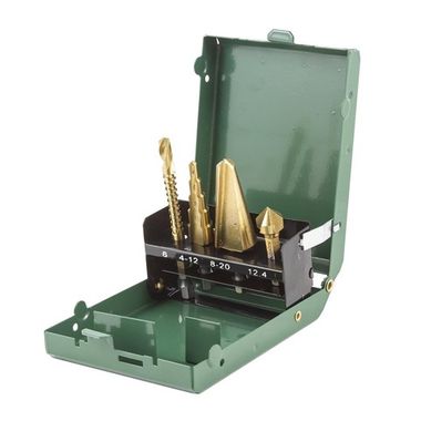 Набор сверл комбинированных, HSS 4241,4 пр.(сверло ступеньчатое:4-12мм,конусное:8-20мм,проходное-6мм,зенкер-12.4мм), в метал. футляре RockForce##Rock FORCE RF-44705