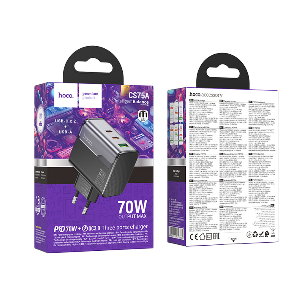 Сетевой адаптер питания HOCO CS75A PD 70W 2C1A (черный)