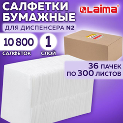 Салфетки бумажные для диспенсера 1-слойные (N2), LAIMA PREMIUM, КОМПЛЕКТ 36 пачек по 300 салфеток в пачке, 20х17 см, белые, 115501