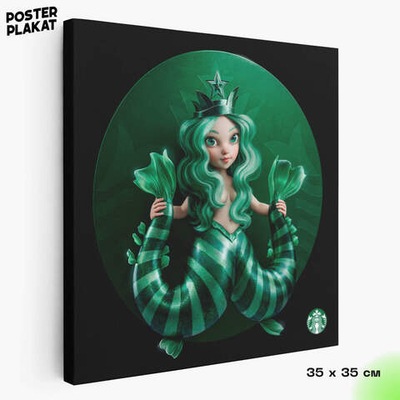 Картина для интерьера Русалка Старбакс / Starbucks на холсте, персонаж, холст с печатью на подрамнике, на стену, Постер Плакат