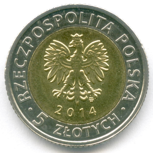 5 злотых 2014 год. Польша. Королевский замок в Варшаве. Биметалл UNC