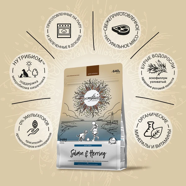 Сухой корм CRAFTIA NATURA для щенков средних и крупных пород из лосося и сельди