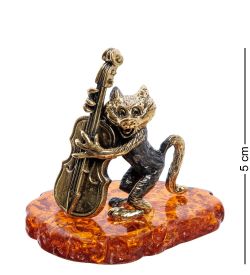 Народные промыслы AM-2262 Фигурка «Кот с контрабасом» (латунь, янтарь)