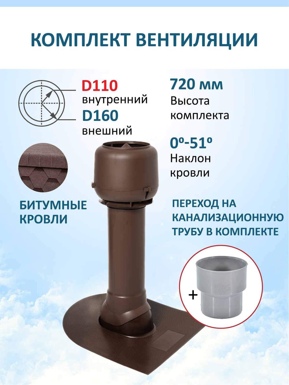 Вент. выход утепленный c колпаком D160 высотой Н-700 с переходом D110, для битумной кровли