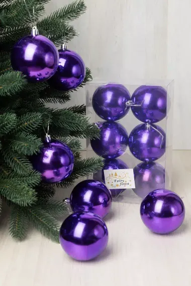 Набор пластиковых шаров Анет 80 мм., фиолетовый глянцевый, 6 шт., ЕлкиТорг (150331)