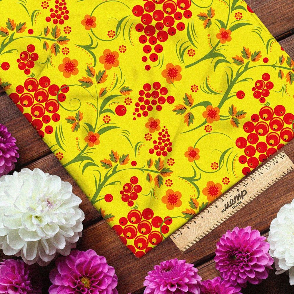 Ткань габардин хохломские мотивы на желтом