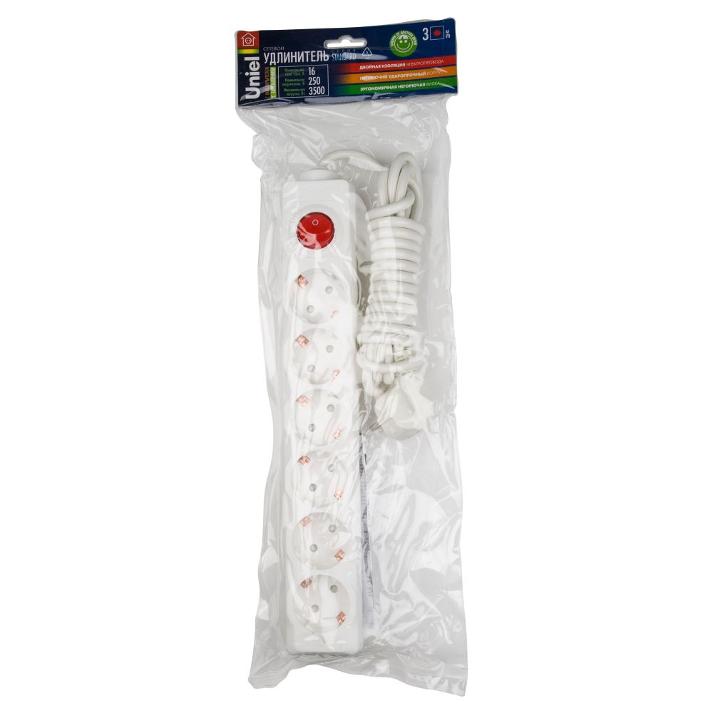 S-GCD6-3B Удлинитель Uniel серии Стандарт. с-з. 6 гн.. шнур 3 м. выкл.