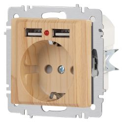 Розетка Intro Accent 6-410-11 , P+E Schuko со шторками, 16А-250В + 2хUSB, IP20, СУ, сосна