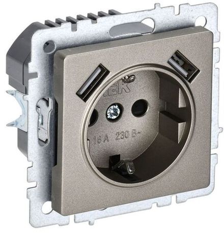 Розетка BRITE РЮш10-1-БрШ 16А с USB A+A 2.1А с заземл. защ. шторки механизм шампань IEK BR-R14-16-U21-D21-K37