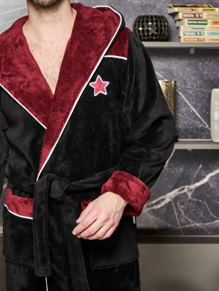Халат мужской с капюшоном CHAMPIONS Черный/бордовый POLENS Турция