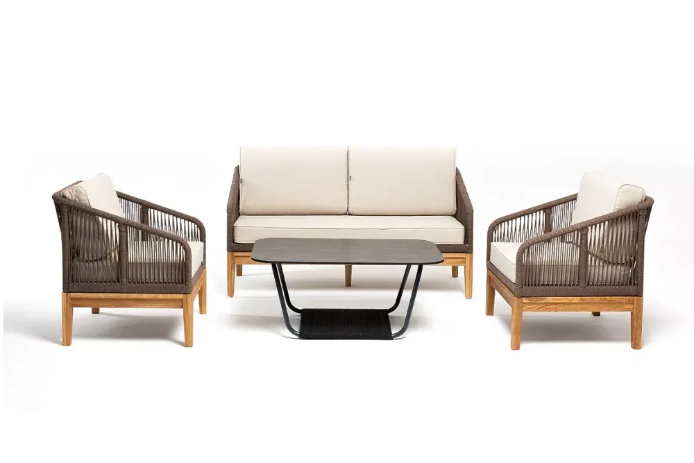 "Канны" лаунж-зона 4-местная из роупа со столом "Гранада" (серый гранит), основание дуб, роуп коричневый, ткань бежевая