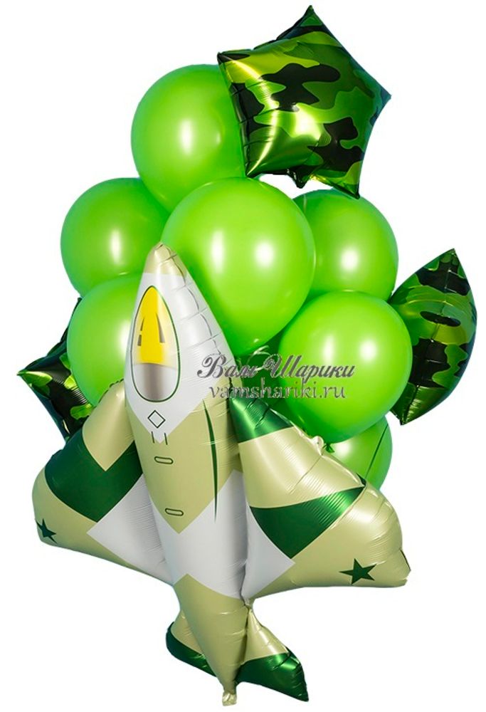 Шары с гелием зеленые и камуфляжные с гелием с фигурой военного самолет