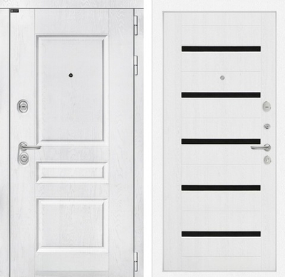 Входная металлическая дверь с шумоизоляцией для квартиры, белое дерево со стеклянными чёрными вставками - 1106
