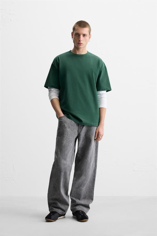 ZARA БАЗОВАЯ ФУТБОЛКА HEAVY WEIGHT, ЗЕЛЕНЫЙ