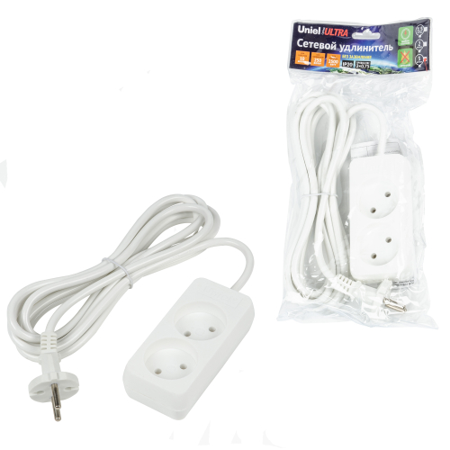 S-CU2-3 WHITE Удлинитель серии Ultra, шнур 3м., 2 гнезда, 10A, б/з. Белый. TM Uniel