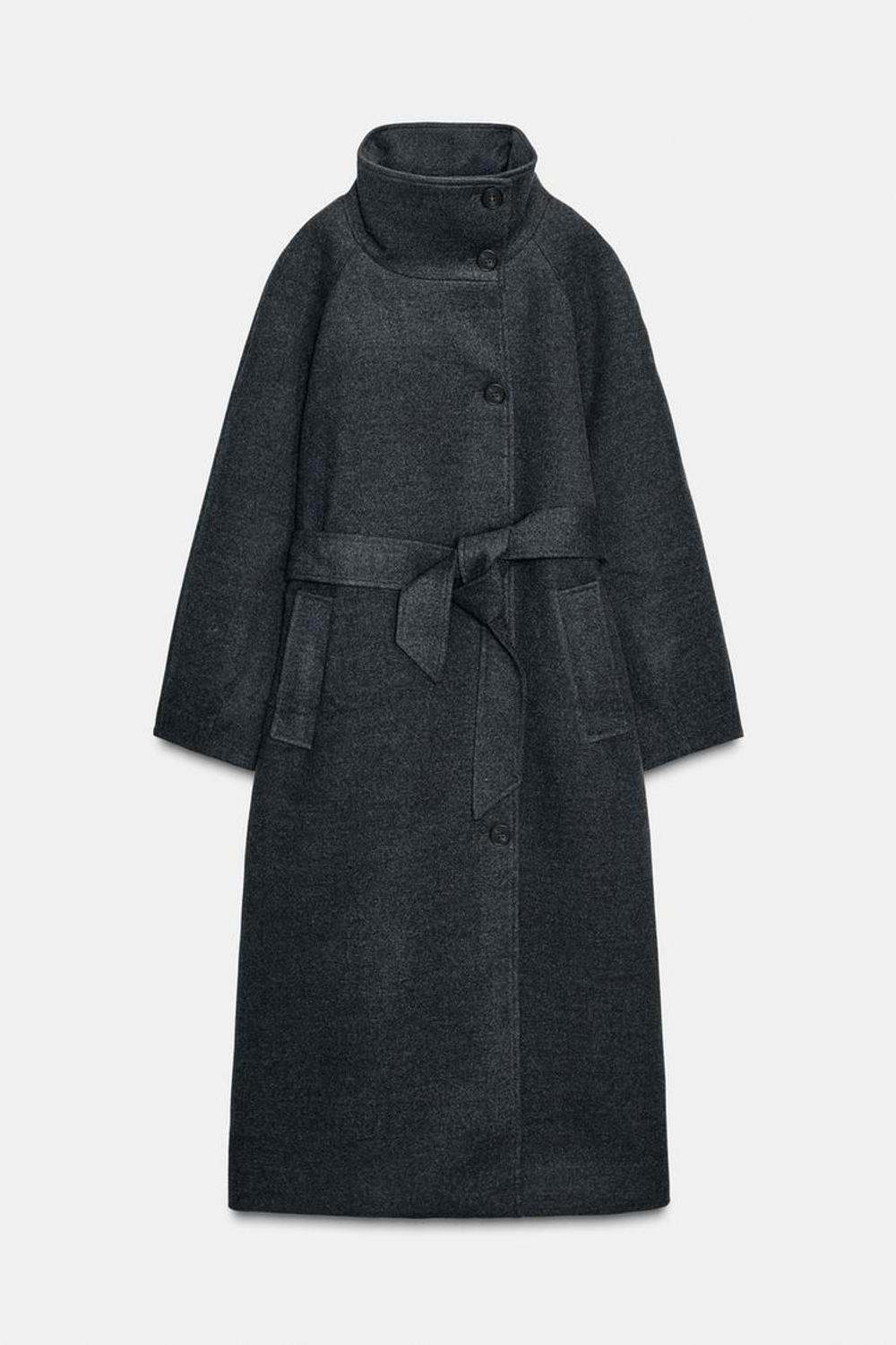 ZARA ПАЛЬТО С ВЫСОКИМ ВОРОТНИКОМ ИЗ МЯГКОЙ ТКАНИ С ПОЯСОМ, СЕРЫЙ