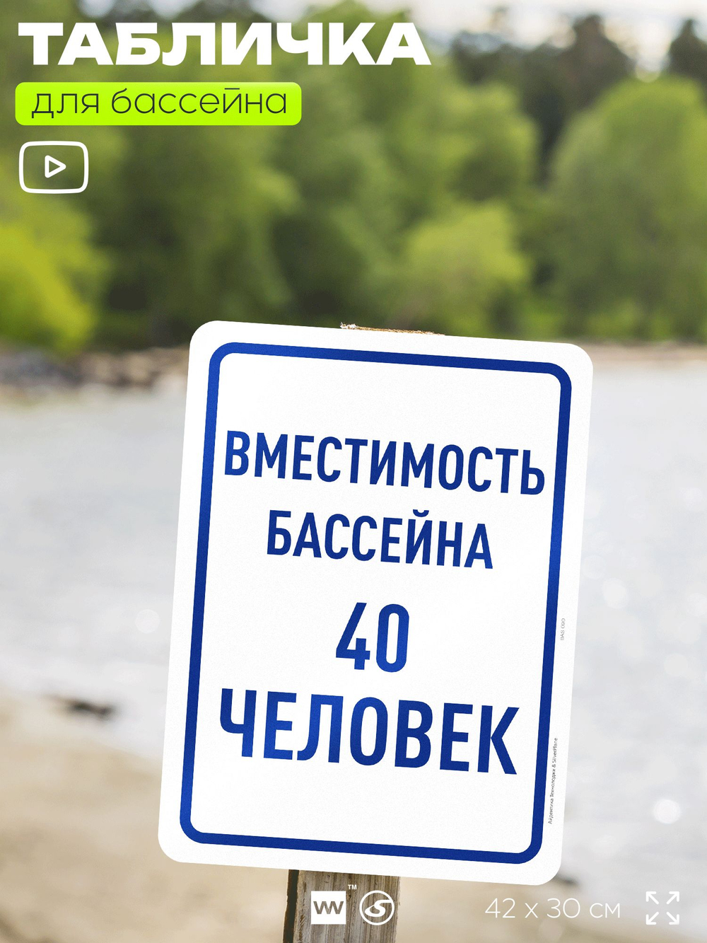 Табличка для бассейна "Вместимость бассейна 40 человек", на пляж, для общественной и частной зоны отдыха, информационная, 40х30 см, Silver Plane x Айдентика Технолоджи