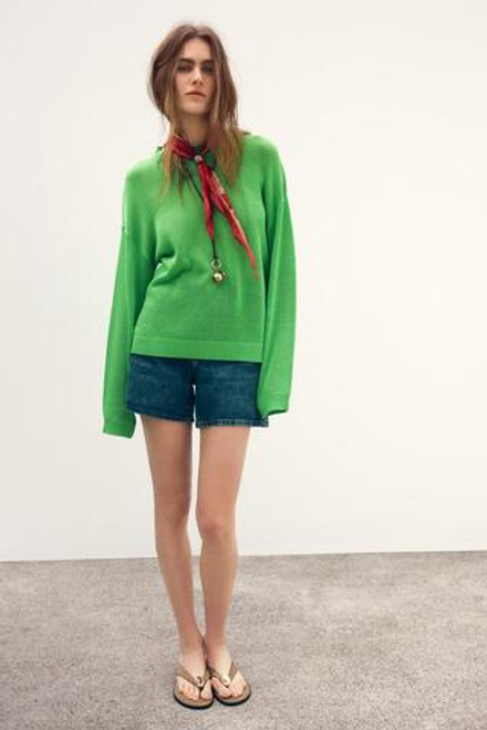 ZARA ОДНОТОННЫЙ СВИТЕР ПРЯМОГО КРОЯ, ЗЕЛЕНЫЙ
