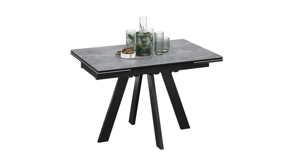 Стол кухонный обеденный раздвижной Черный муар/Керамика матовая серый мрамор 120(180)х80х77 см