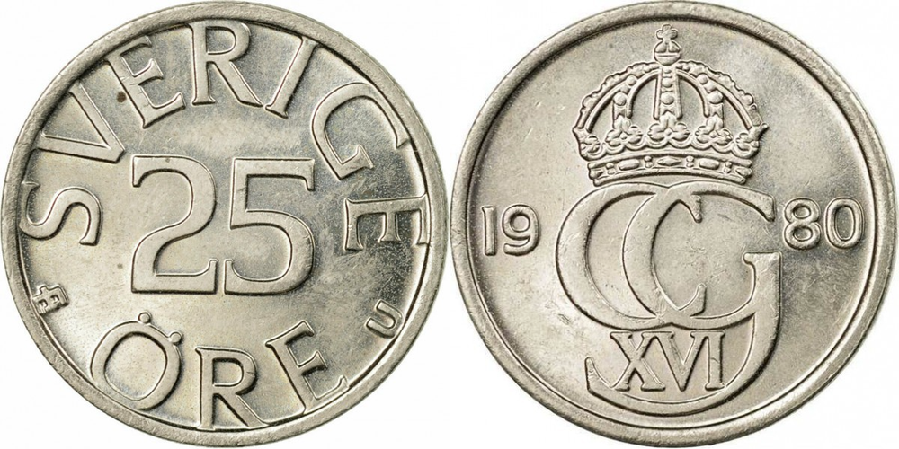 Швеция 25 эре, 1976 - 1984 Король Карл XVI Густав XF