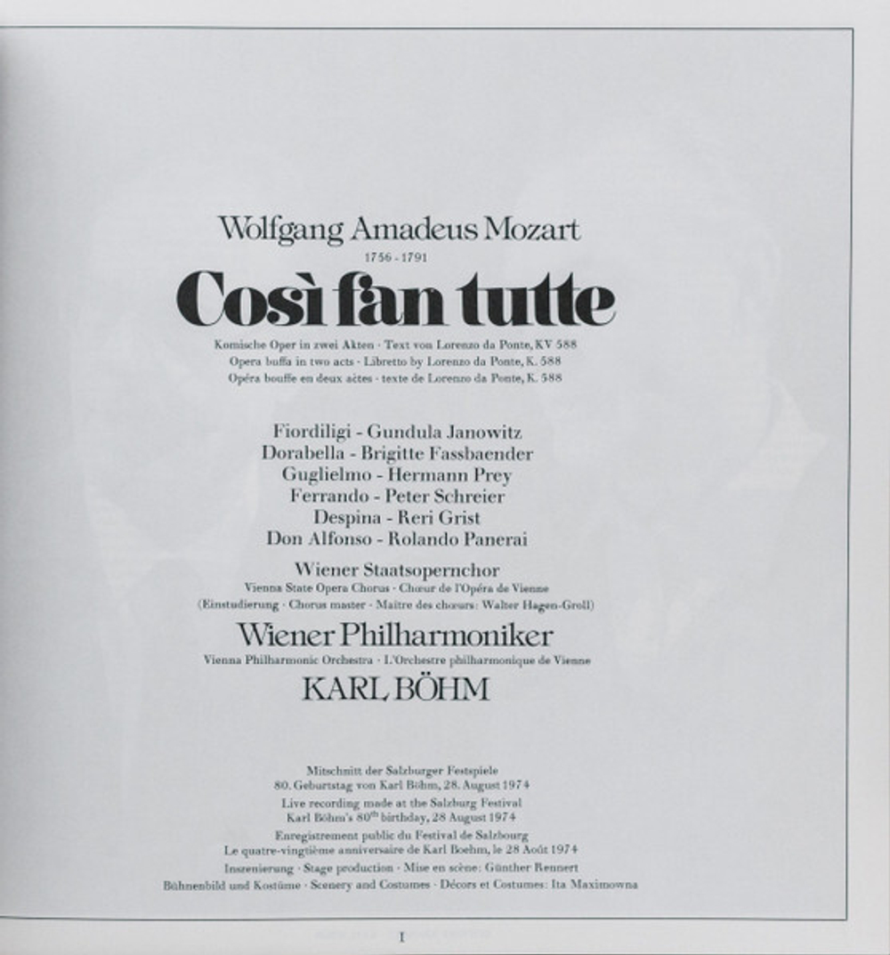 Gundula Janowitz, Brigitte Fassbaender, Wiener Philharmoniker, Karl Bohm / Wolfgang Amadeus Mozart: Cosi Fan Tutte (3LP)