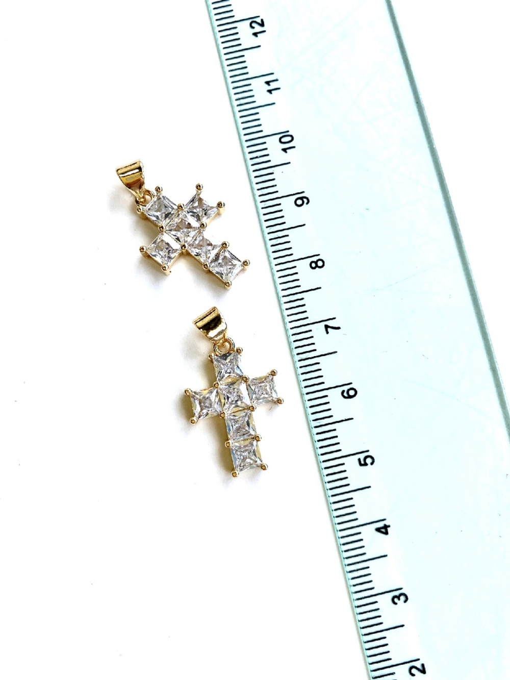 кр14225-з Подвеска «Крест» прозрачный (квадраты), 24*13мм, позолота