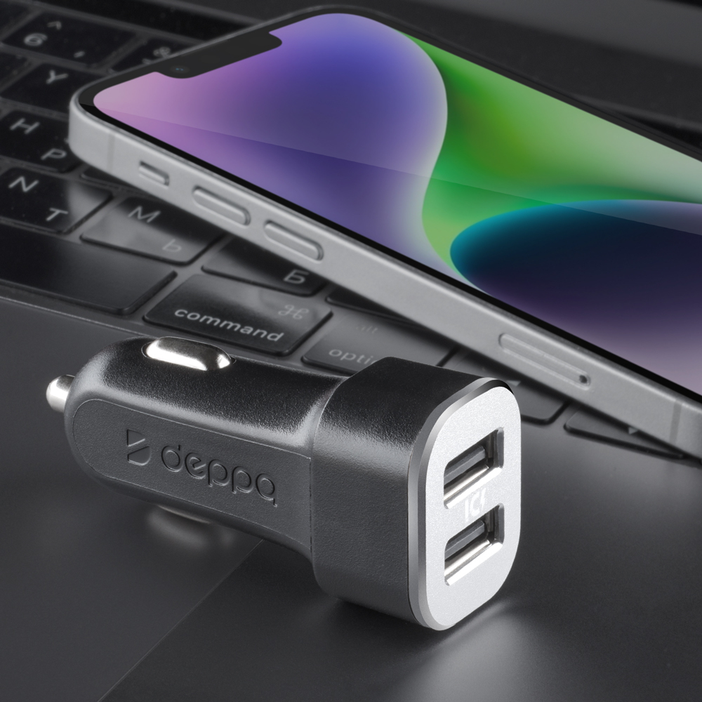 Автомобильное зарядное устройство 2 USB 2.4А + кабель USB - Type-C, черный