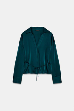 ZARA АТЛАСНАЯ БЛУЗКА С ТОНКИМ ПОЯСОМ, СИНЕ-ЗЕЛЕНЫЙ