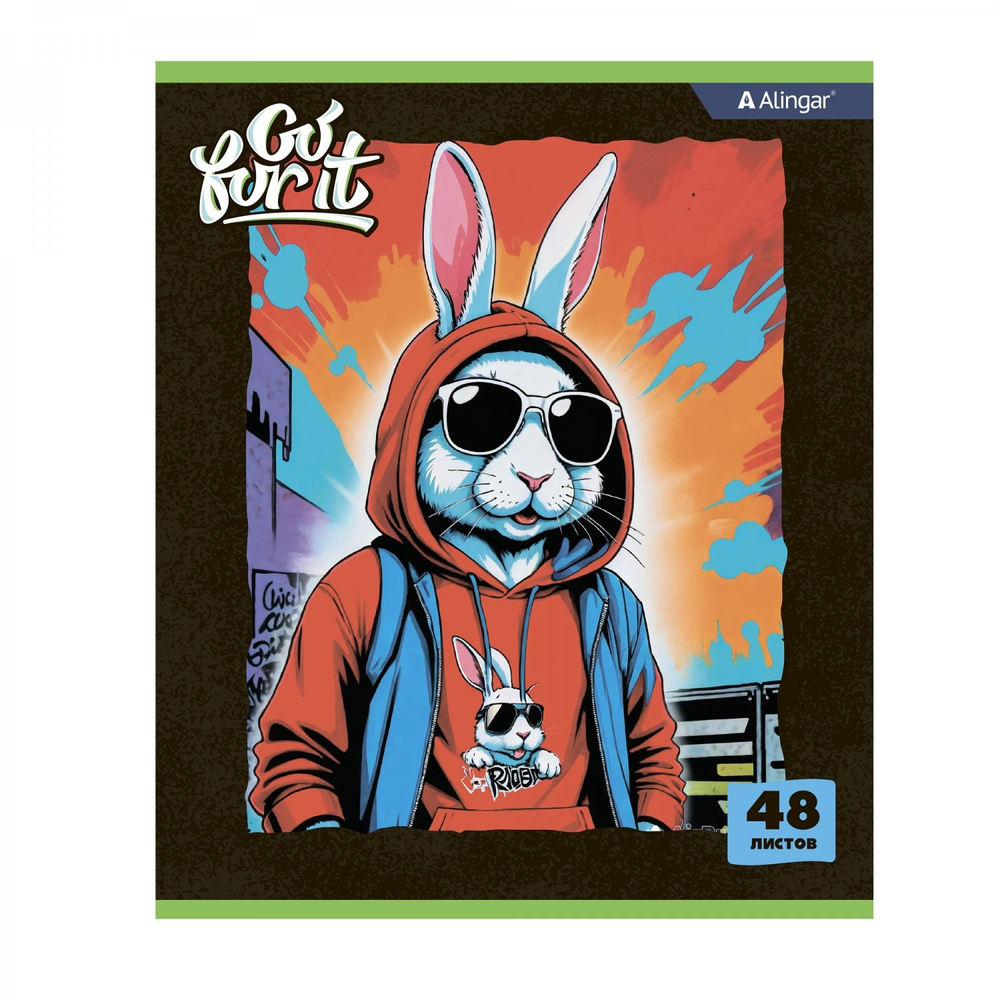 Тетрадь 48л., А5, клетка, Alingar "Go for it", скрепка, мелованный картон (стандарт), блок офсет, 4 дизайна в пленке т/у
