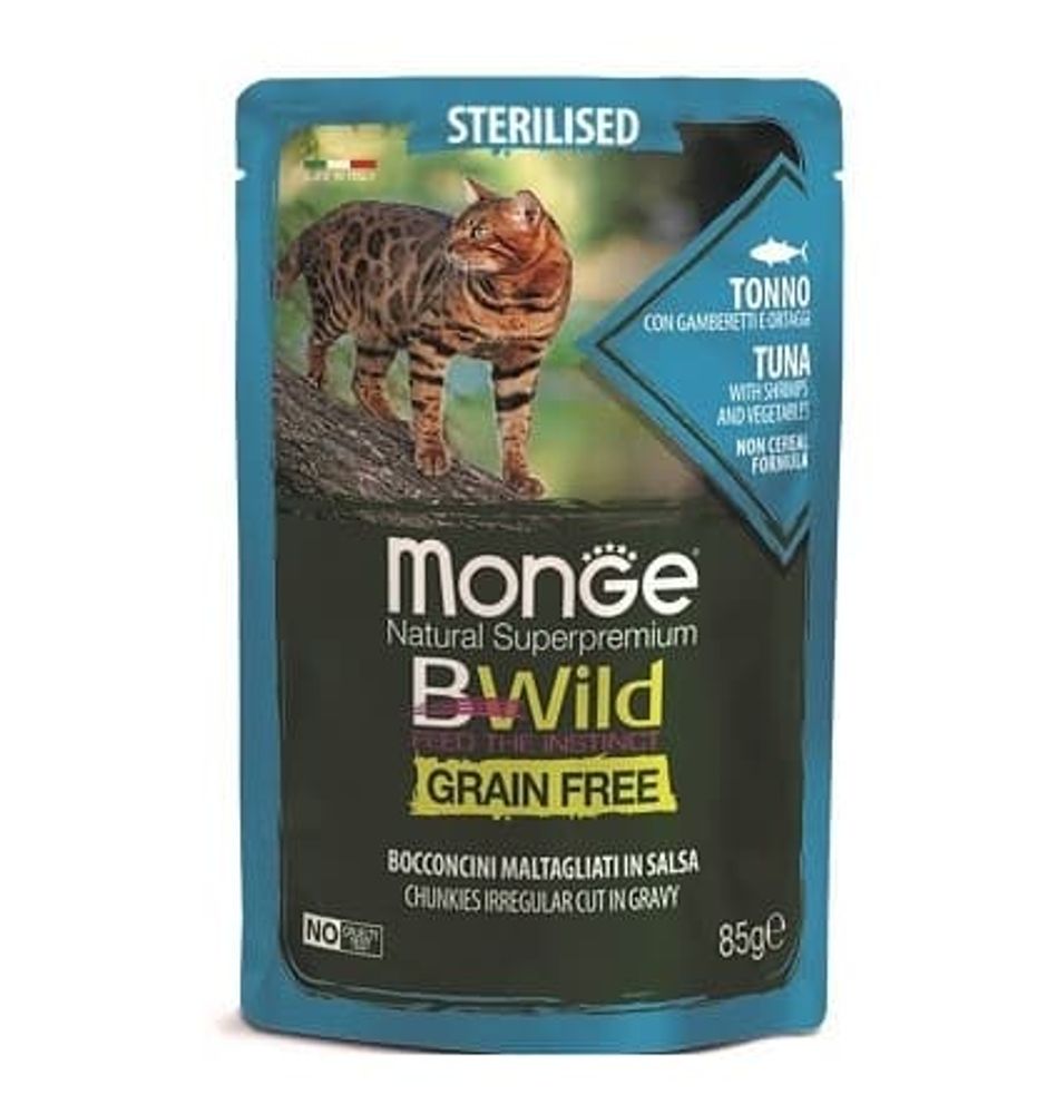 Влажный корм для стерилизованных кошек Monge BWild GRAIN FREE из тунца с креветками и овощами, Пауч 85г