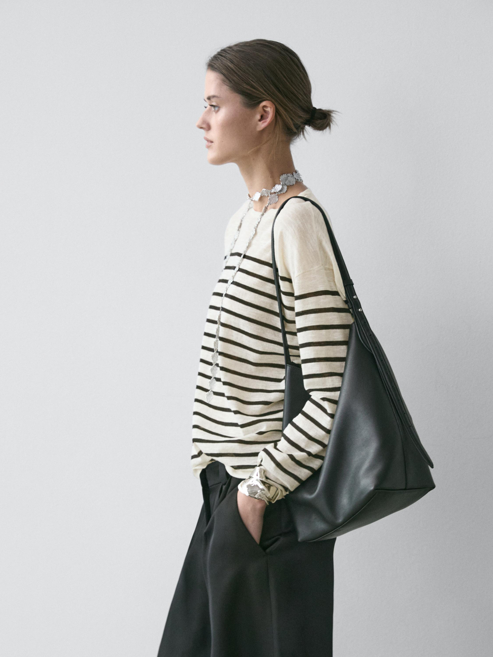 Massimo Dutti Футболка из смесового хлопка в полоску с длинными рукавами, натуральный/кремовый