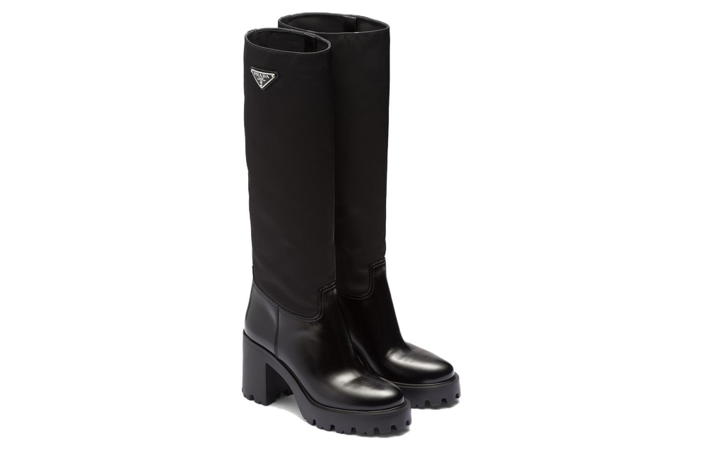 PRADA Re-Nylon leather round toe tube high boots 8.5cm women's black