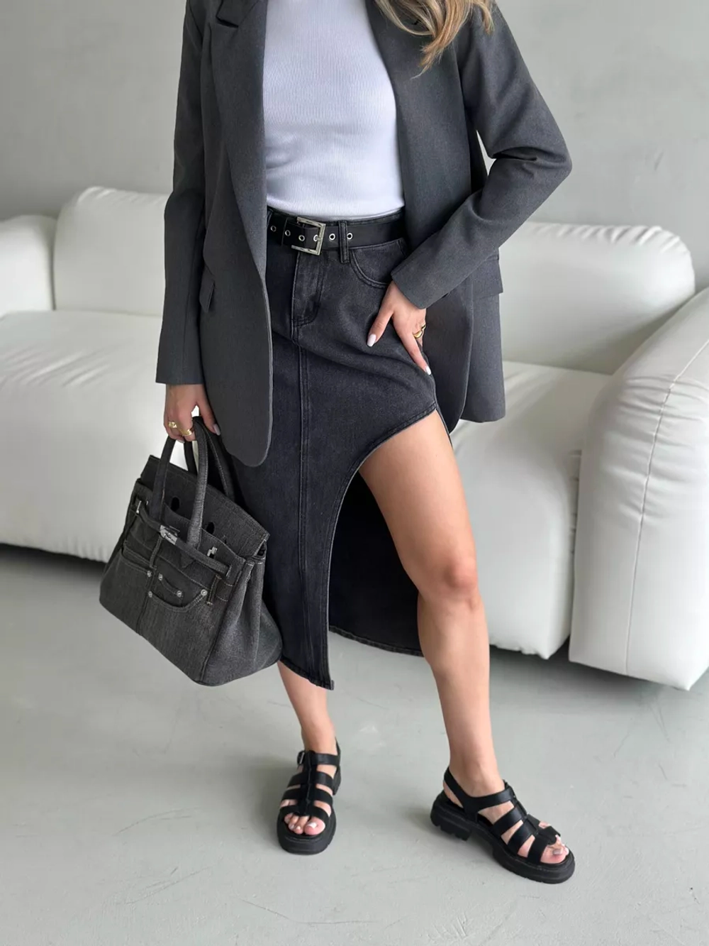 Юбка джинсовая миди карандаш с разрезом