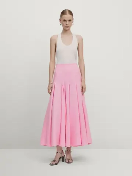 Massimo Dutti Льняная юбка с воланами в складку - Studio, розовый